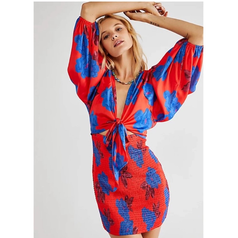 Vibrant Red and Blue Floral Free People Dress
